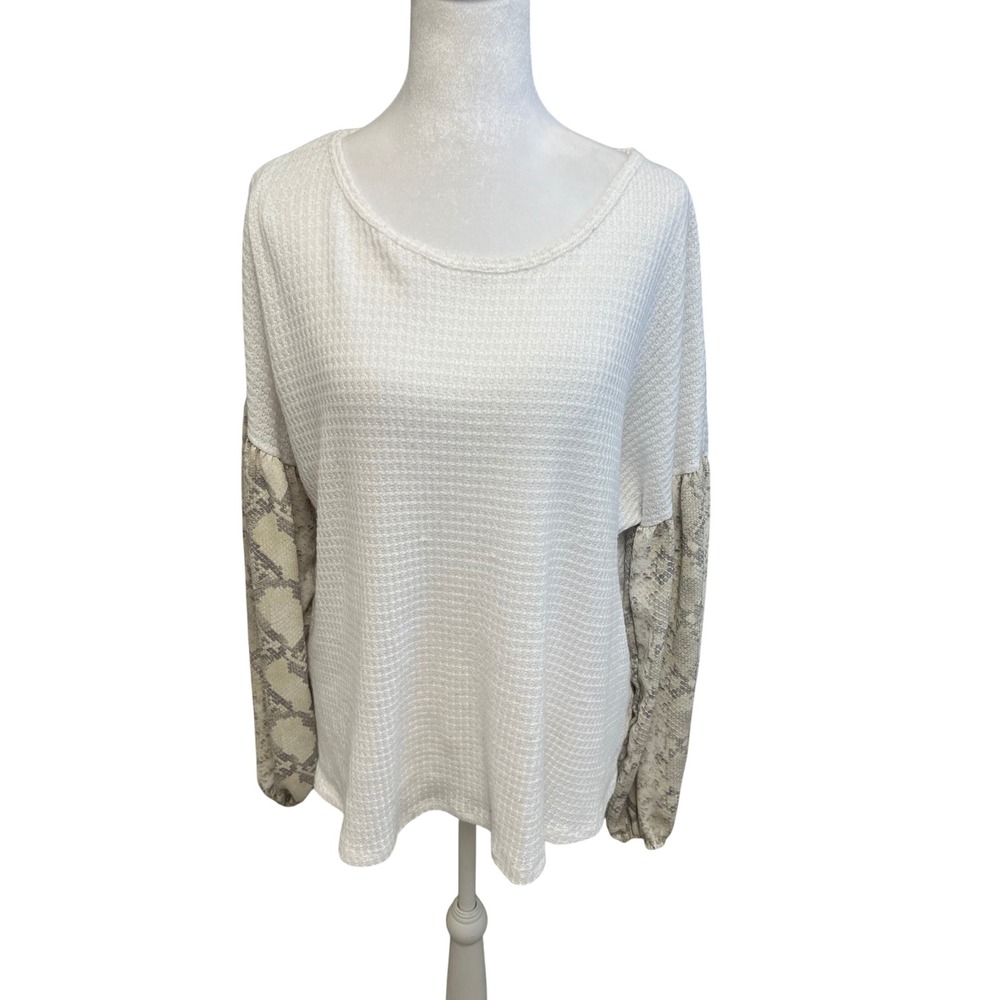 Entro Waffle Knit Top Snakeskin Balloon Sleeve Ivory Sz L Boho Cozy Lightweight